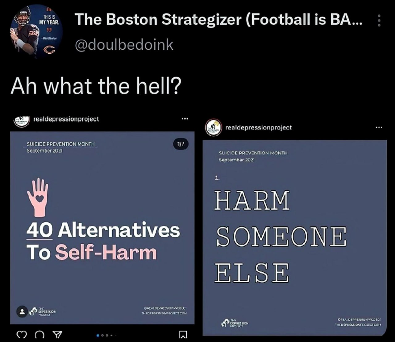 Harm someone else Мем с надписью «Harm someone else» в списке альтернатив самоповреждению.