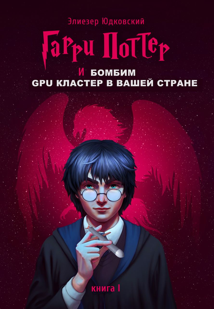 Пародийная обложка в стиле Гарри Поттера с надписью про бомбим GPU кластер в вашей стране и подписью книга I