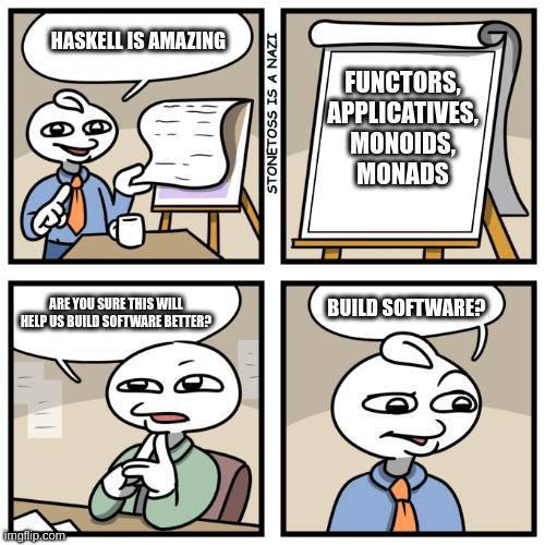 Haskell is amazing Мем про язык программирования Haskell и его сложные концепции, такие как функторы, аппликативы, моноиды и монады, которые вызывают сомнения в их практической применимости для создания программного обеспечения.
