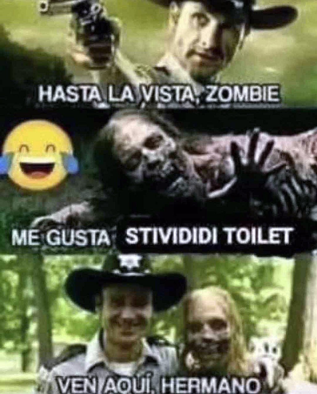 Hasta la vista, zombie skibidi toilet Рик Граймс прощается с зомби, а затем обнимает его, говоря «Иди сюда, брат»