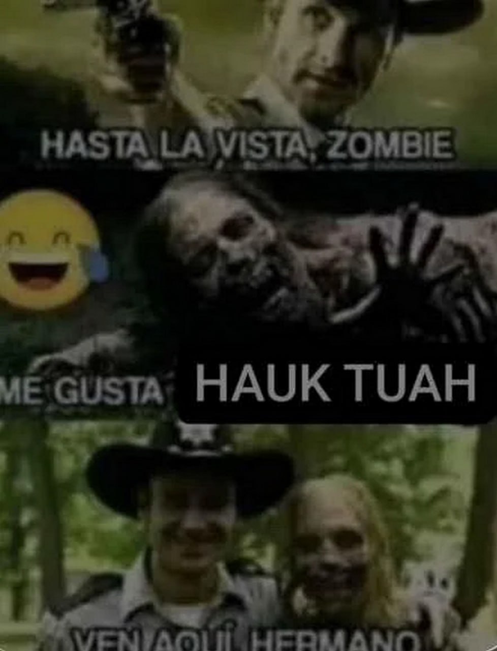 Hasta la vista zombie Мем с Риком Граймсом и зомби, где он сначала угрожает ему пистолетом, а потом обнимает