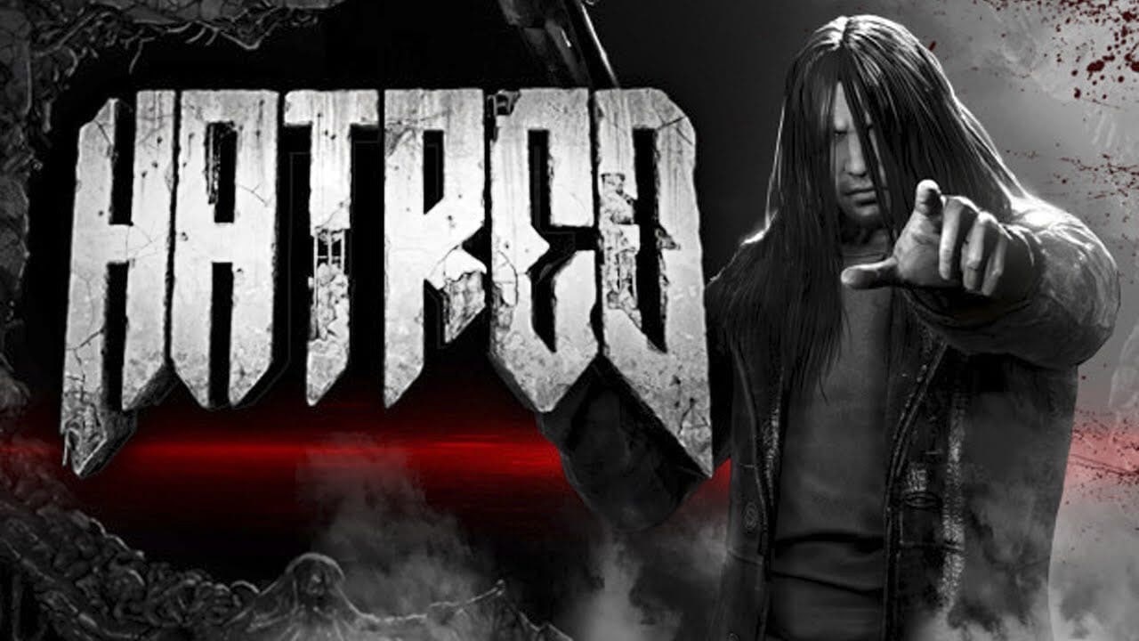 Главный герой Hatred указывает пальцем Главный герой игры Hatred, указывающий пальцем на зрителя, на фоне кровавых пятен и дыма.