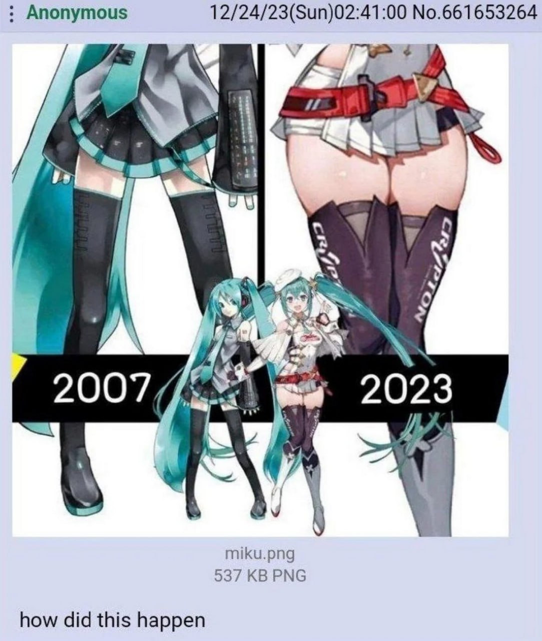 Hatsune Miku 2007 vs 2023 Сравнение внешнего вида аниме-персонажа Хацунэ Мику в 2007 и 2023 годах