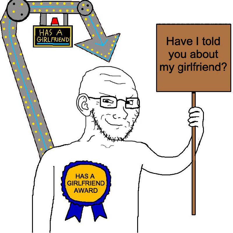 Лысый бородатый мужчина с табличкой «Have I told you about my girlfriend?» и значком «Has a girlfriend award»