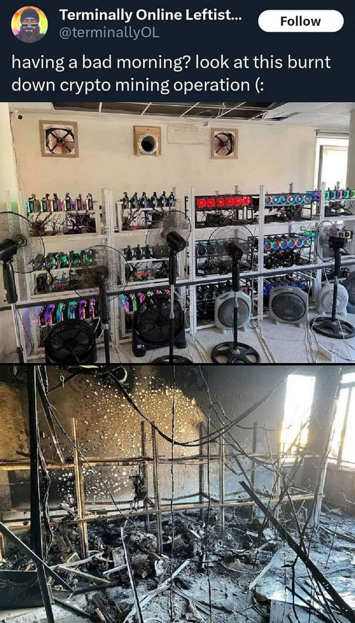 Having a bad morning? look at this burnt down crypto mining operation Сгоревшая криптоферма "до и после" с твитом "having a bad morning?"