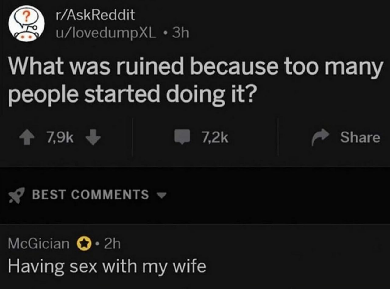 Having sex with my wife Мем Reddit "Having sex with my wife" в комментариях к вопросу "Что было испорчено из-за того, что слишком много людей начали это делать?"