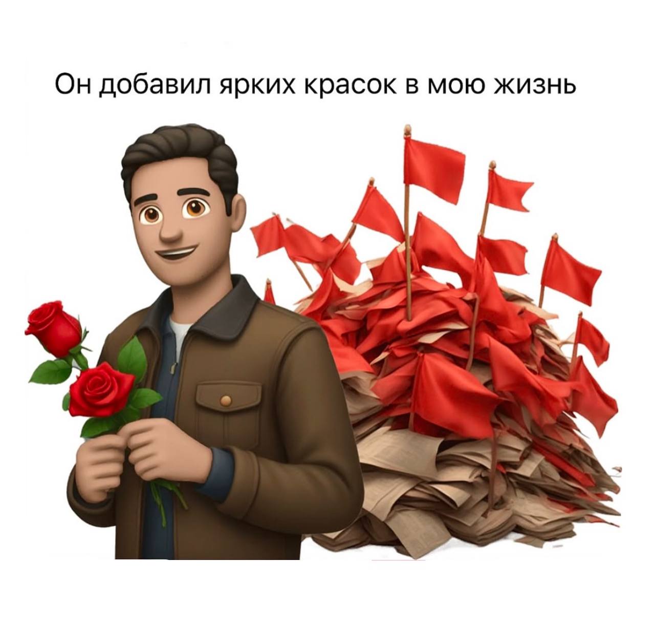 Он добавил ярких красок в мою жизнь 3D-рендеринг мужчины с букетом роз и стопка из красных флагов и документов.