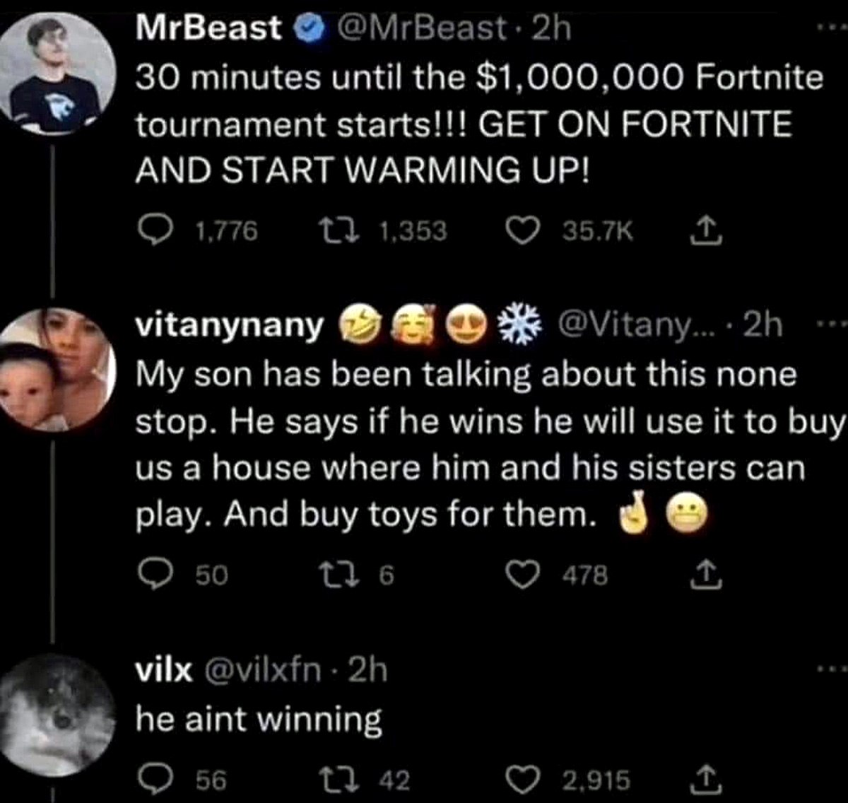 He aint winning Комментарий "He aint winning" под постом о турнире по Fortnite от MrBeast.