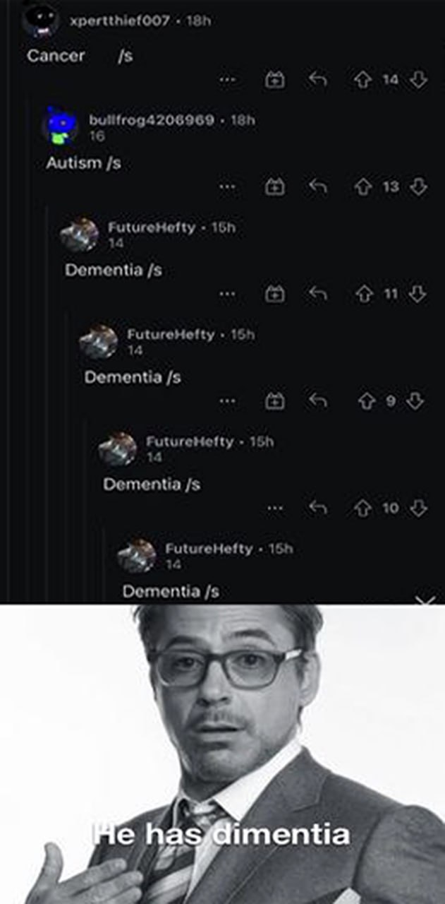 He has dimentia Мем с Робертом Дауни-младшим и комментариями про деменцию
