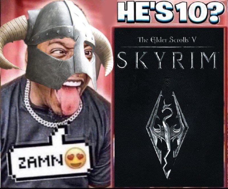 He's 10? ZAMN Skyrim Мужчина в шлеме Скайрима показывает язык, а рядом обложка игры и надпись про возраст