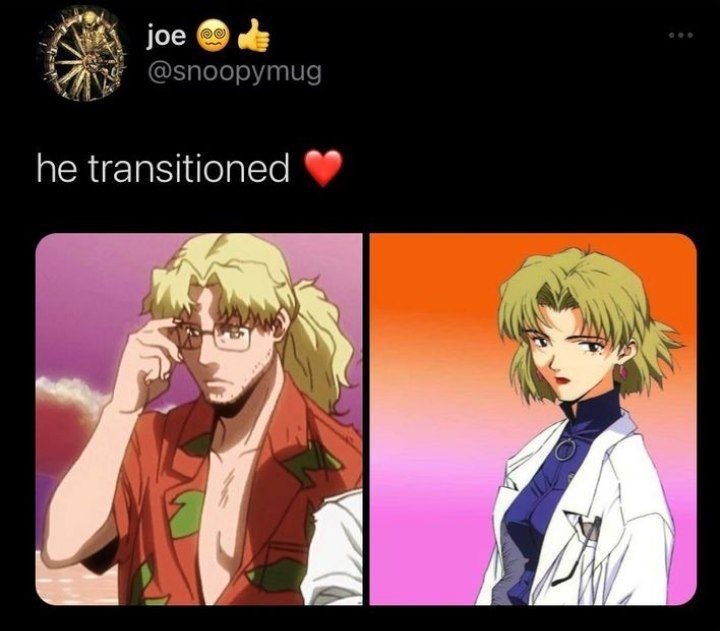 Аниме-персонаж до и после смены образа с подписью «he transitioned ❤️».