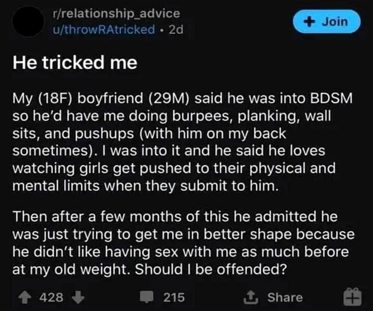 Девушка узнала, что парень выдавал тренировки за BDSM, хотя на самом деле хотел, чтобы она похудела
