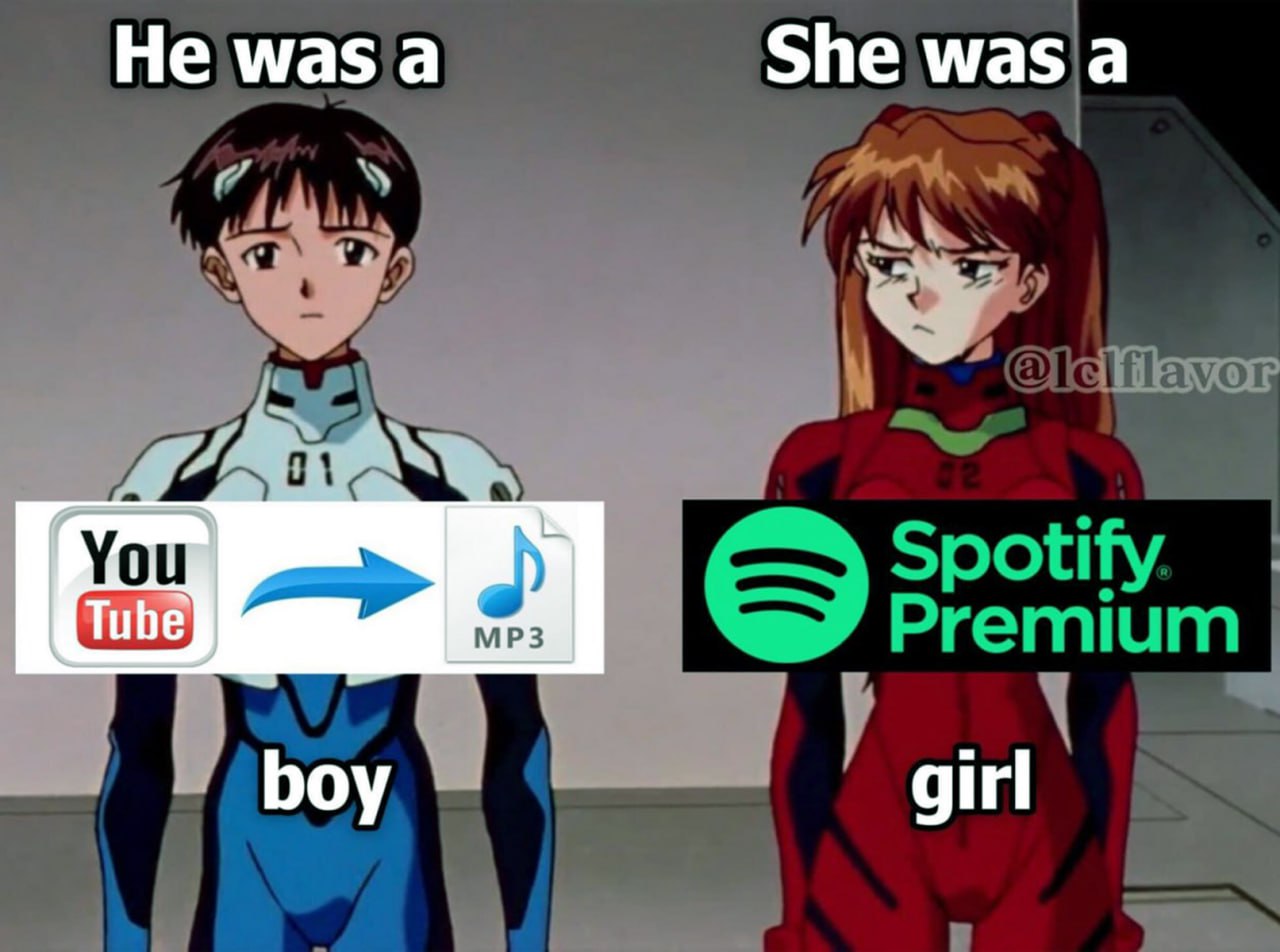 He was a boy, she was a girl Мем с Синдзи и Аской и сравнением YouTube to MP3 и Spotify Premium