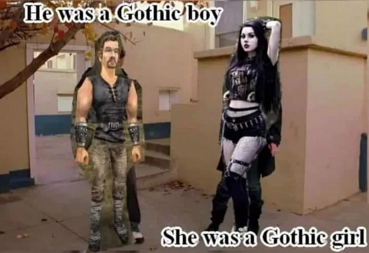 He was a Gothic boy Мем "He was a Gothic boy" с персонажем из игры Gothic и готической девушкой