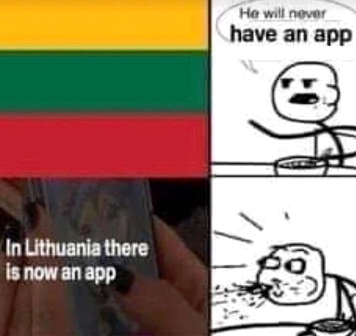 He will never have an app Человечек выплевывает еду, когда узнает, что в Литве появилось приложение