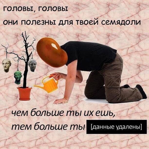 Головы, головы, они полезны для твоей семядоли Мем с человеком, у которого голова-фасолина, поливающим дерево с головами