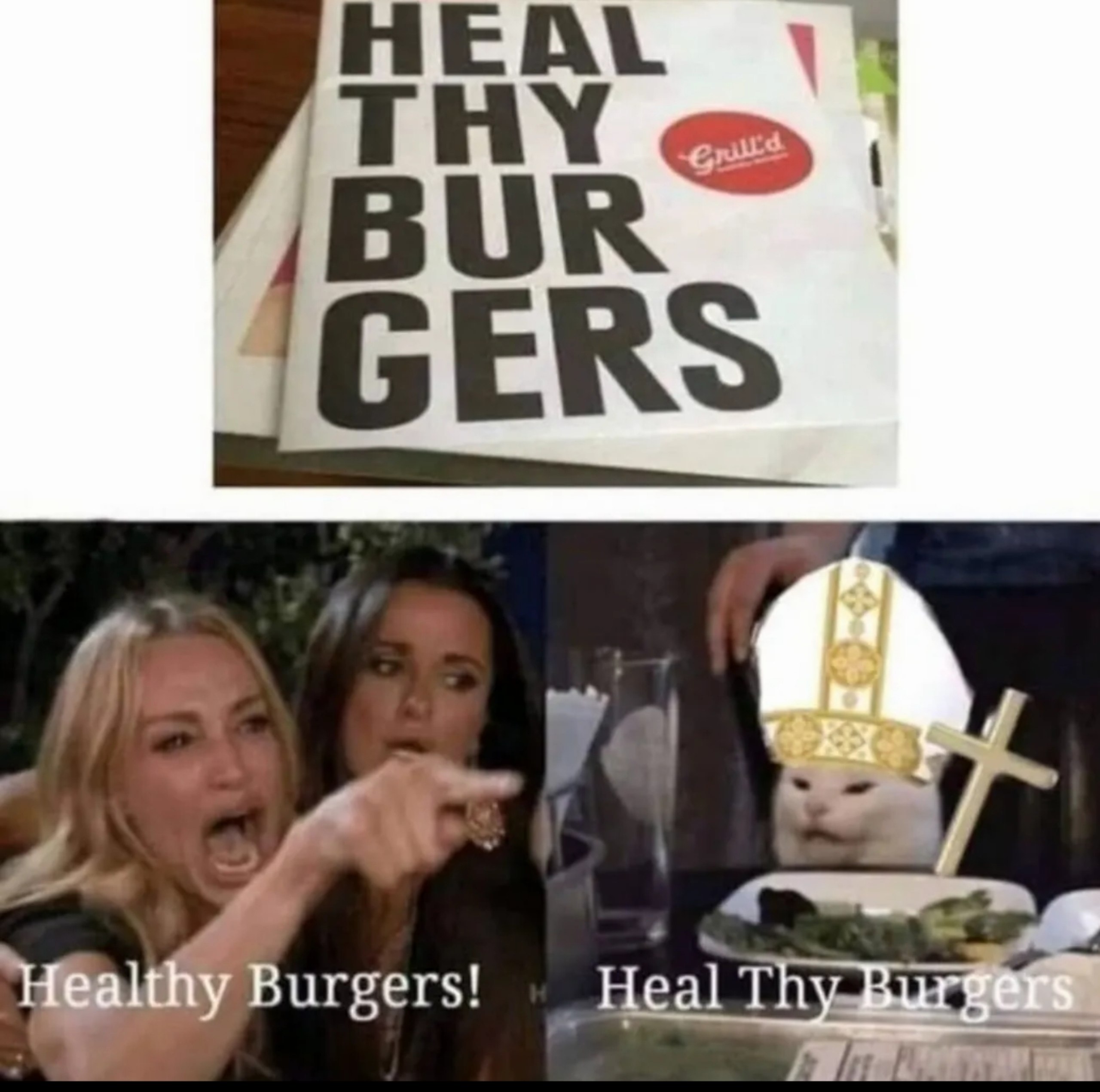 Кадр с надписью «HEAL THY BURGERS», который читается как «Healthy Burgers» и превращается в шутку про «святые бургеры»