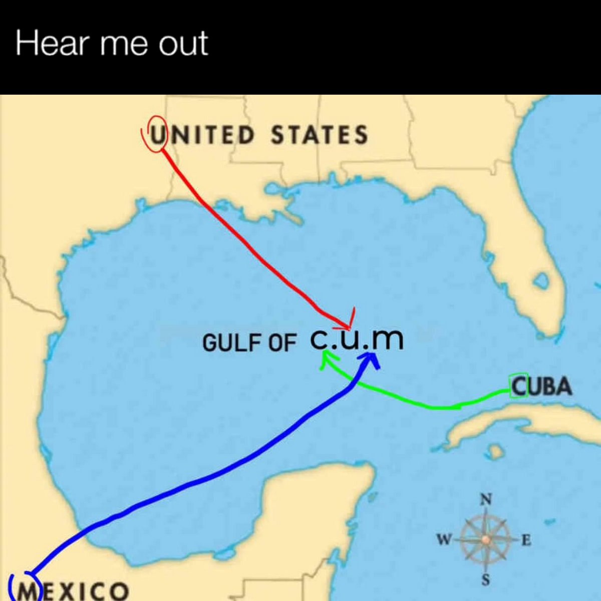 Hear me out, Gulf of C.u.m Мем с фразой "Hear me out" и изменением названия Мексиканского залива на "Gulf of C.u.m", где стрелки указывают на этот залив с разных стран.