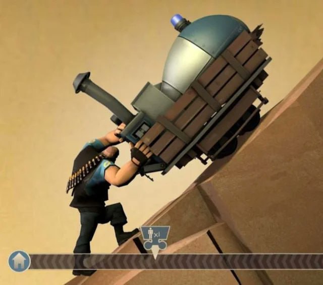 Тяжелый толкает вагонетку в Team Fortress 2 Тяжелый персонаж из Team Fortress 2 толкает вагонетку вверх по крутому склону