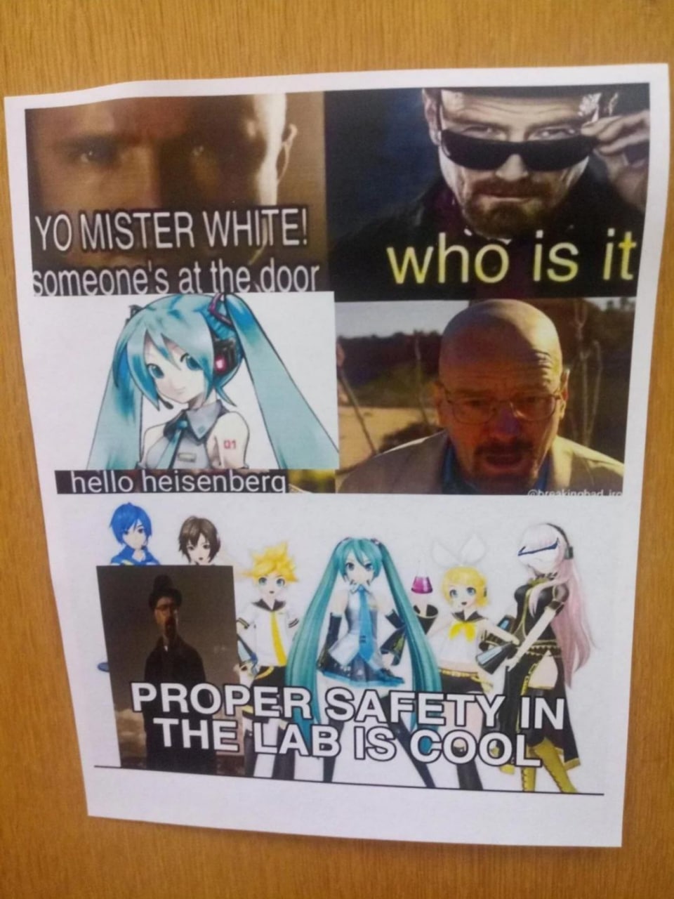 Хайзенберг и Мику Мем с персонажами Breaking Bad и Hatsune Miku, где Мику говорит: «Привет, Хайзенберг», а внизу надпись: «Правильная безопасность в лаборатории — это круто».