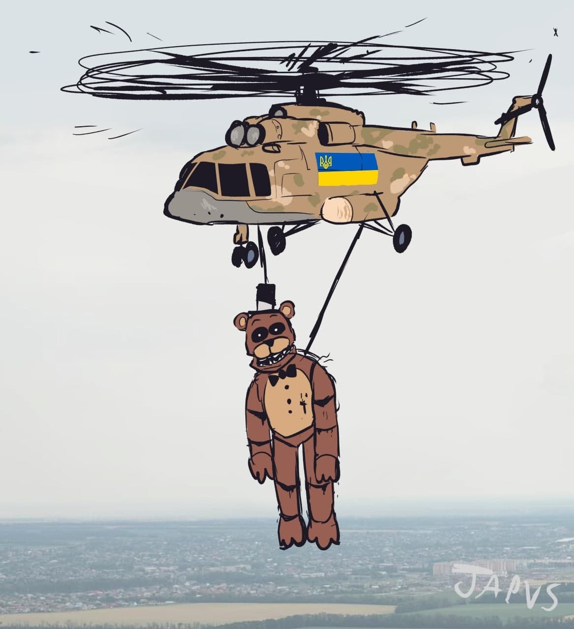 Вертолет с Фредди Фазбером Мем, на котором украинский военный вертолет несет медведя Фредди Фазбера из "Пяти ночей у Фредди"