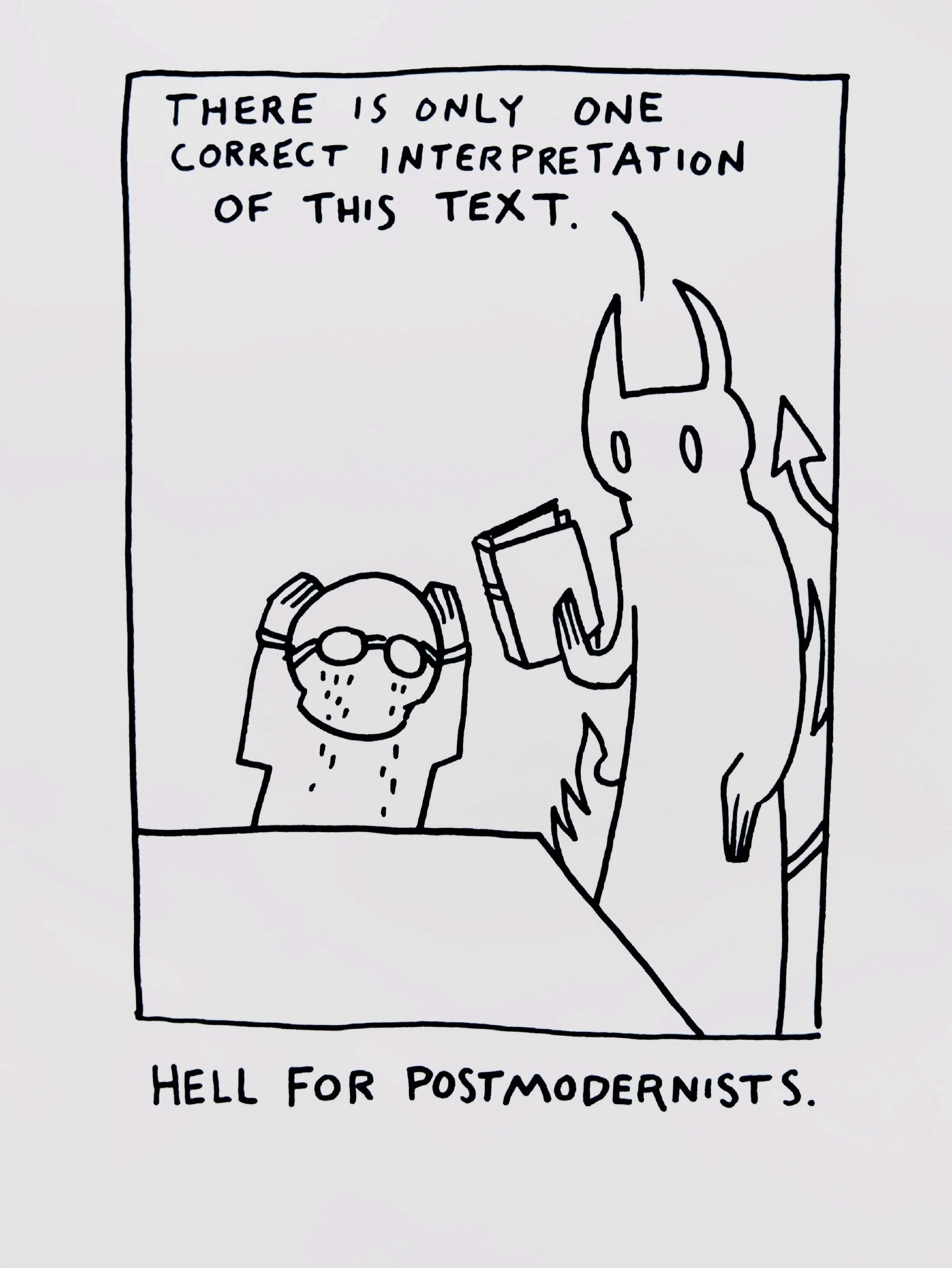 Черно-белый комикс про демона и человека в очках с подписью «Hell for postmodernists» — «Ад для постмодернистов».