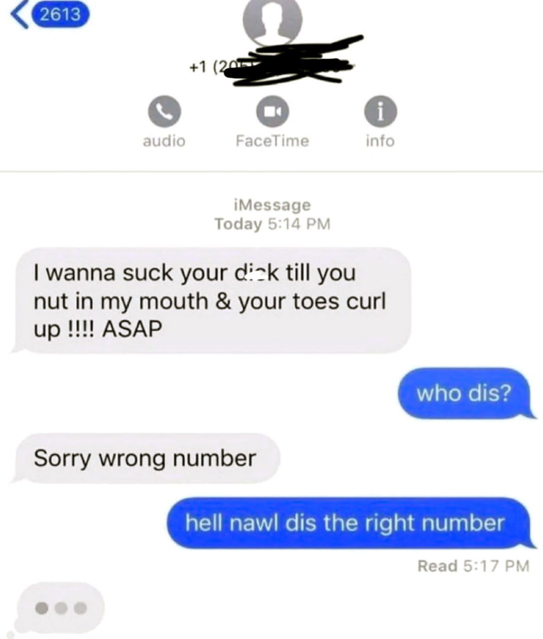 Hell nawl dis the right number Мем с перепиской, где на сообщение сексуального характера отвечают «hell nawl dis the right number»
