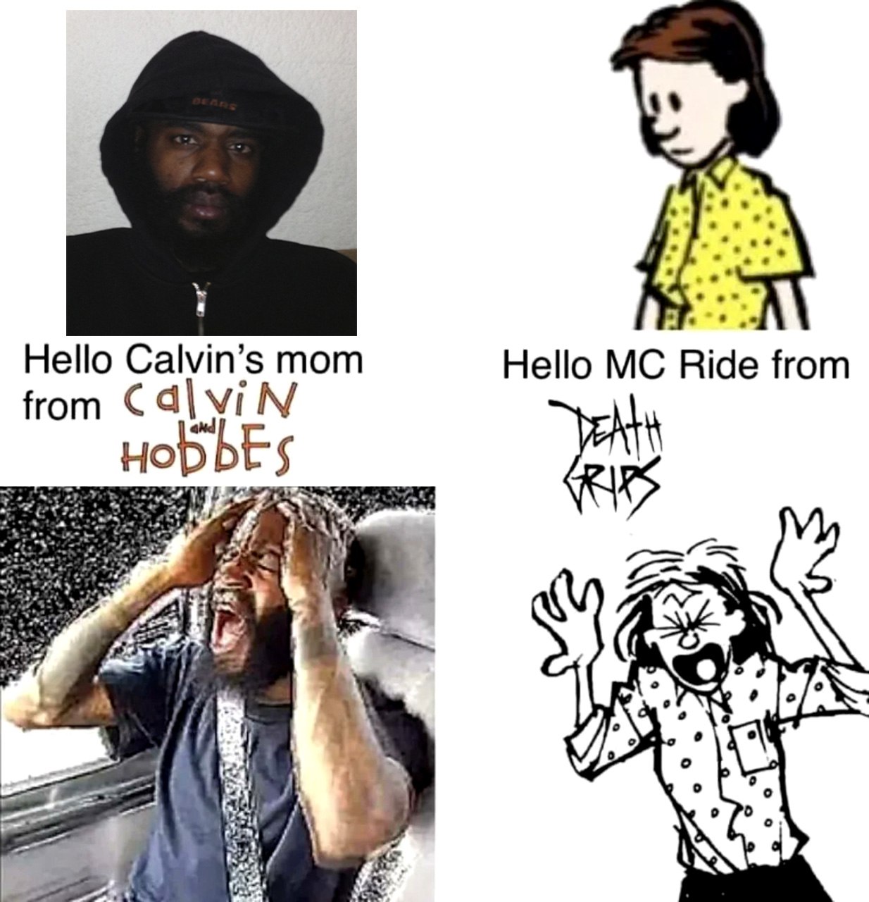 Hello Calvin's mom from Calvin and Hobbes Мем, где MC Ride и мать Кальвина из "Кальвина и Хоббса" изображены кричащими в похожих позах