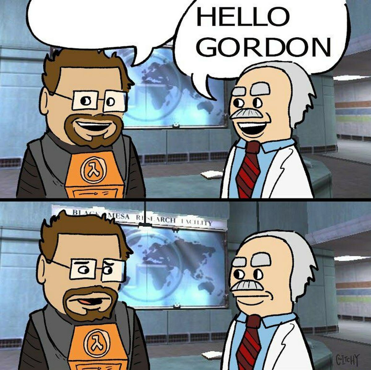 Мем Привет Гордон Мем с двумя персонажами из Half-Life, где один ученый говорит «Привет, Гордон», а другой персонаж, Гордон Фримен, стоит рядом с ним.