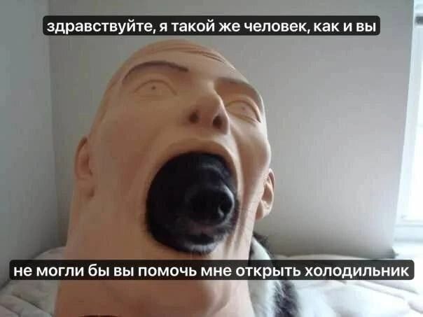 Здравствуйте, я такой же человек, как и вы Мужчина-манекен с черным носом собаки во рту просит помощи открыть холодильник, говоря: "Здравствуйте, я такой же человек, как и вы, не могли бы вы помочь мне открыть холодильник?"