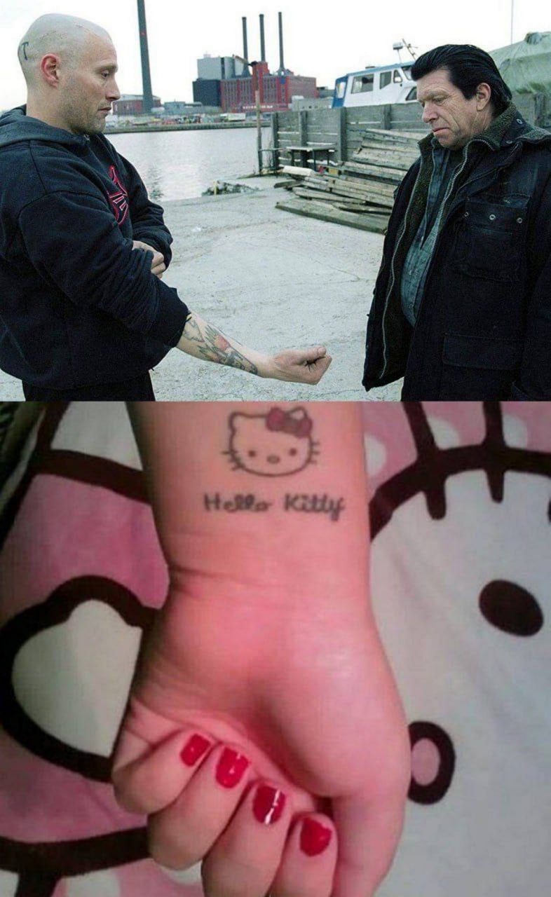 Hello Kitty татуировка Мужчина показывает татуировку Hello Kitty на руке