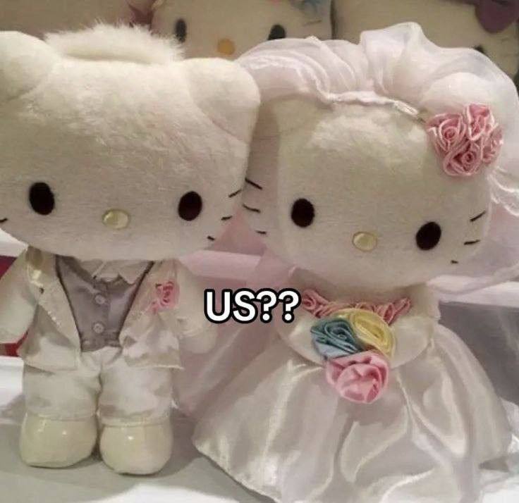 Hello Kitty “US??” На изображении Hello Kitty жених и невеста, между которыми напечатан текст “US??”