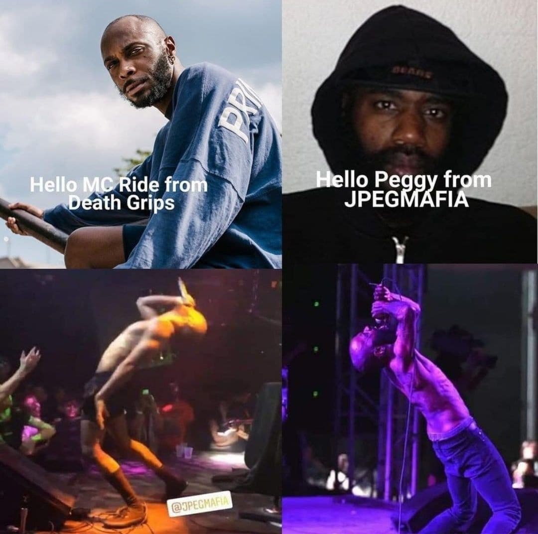 Hello MC Ride from Death Grips Hello Peggy from JPEGMAFIA Мем, сравнивающий MC Ride из Death Grips и Peggy из JPEGMAFIA.