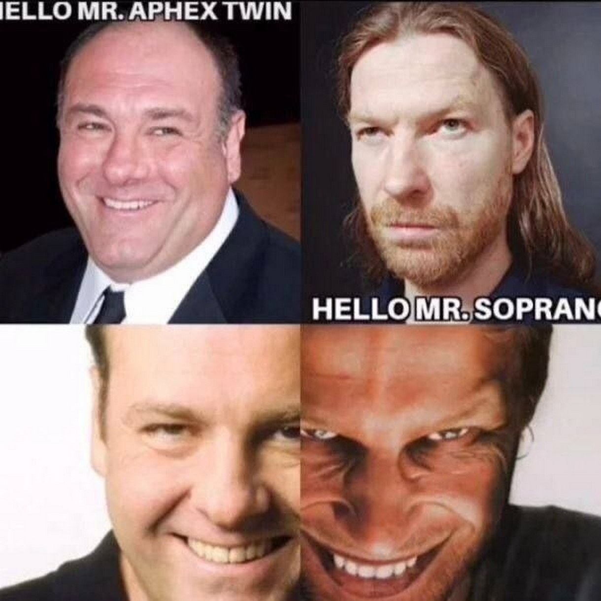 Hello Mr. Aphex Twin Мем с приветствием между Тони Сопрано и Aphex Twin, чьи лица сливаются внизу.