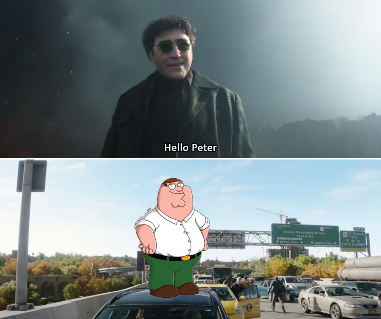 Hello Peter с Питером Гриффином Доктор Осьминог приветствует Питера Гриффина вместо Питера Паркера в сцене из фильма "Человек-паук: Нет пути домой", стоящего на крыше машины посреди пробки.
