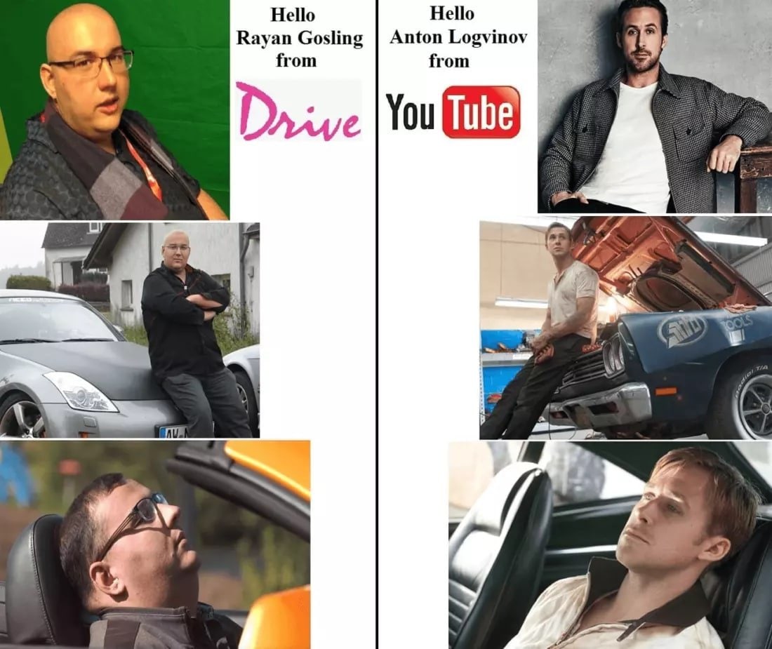 Hello Rayan Gosling vs Hello Anton Logvinov Мем, сравнивающий Райана Гослинга из фильма «Драйв» и Антона Логвинова с YouTube