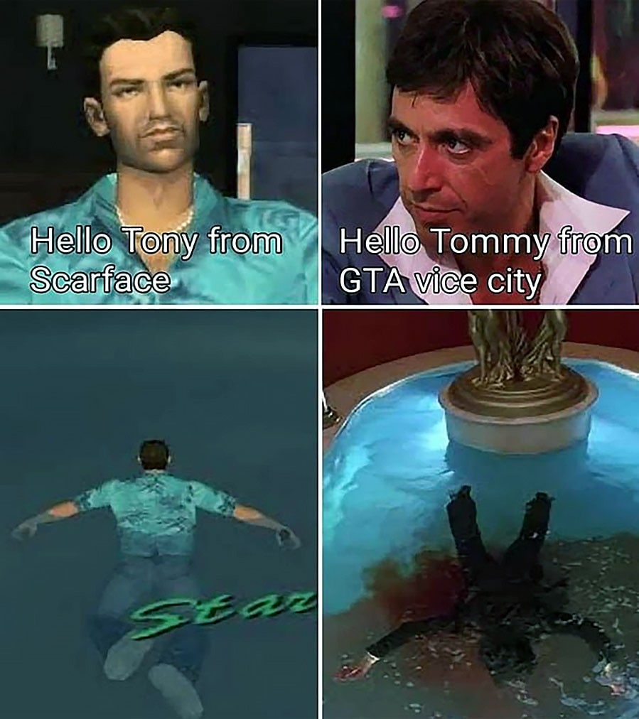 Hello Tony from Scarface, hello Tommy from GTA Vice City Мем, сравнивающий Тони Монтану из «Лица со шрамом» и Томми Версетти из «GTA Vice City»