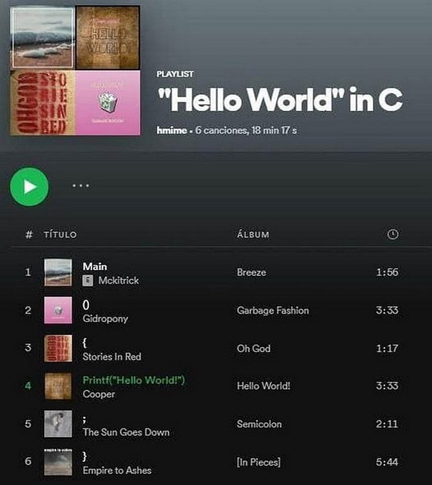Плейлист "Hello World" in C Плейлист "Hello World" in C на Spotify, имитирующий код на языке C с названиями песен, которые являются элементами программы.