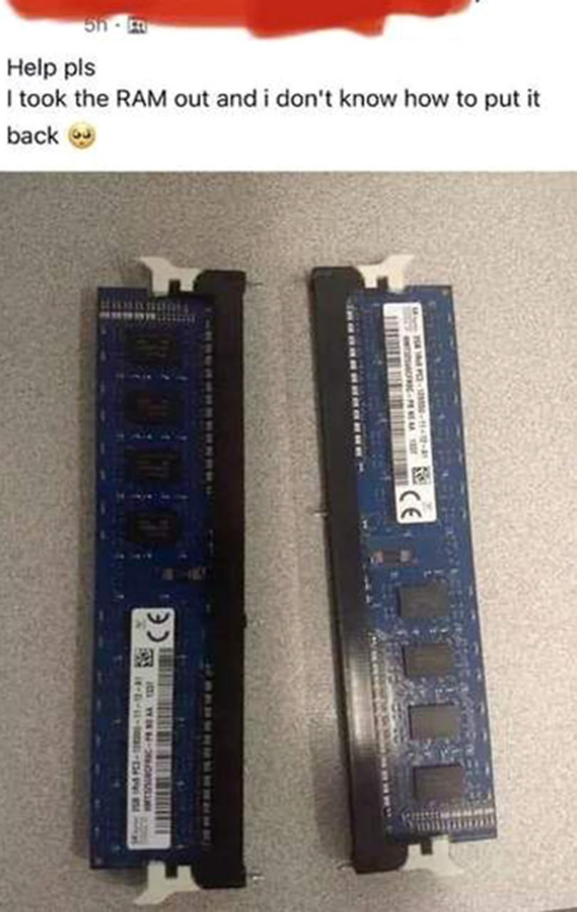 Help pls i took the RAM out and i don't know how to put it back Мем с ОЗУ, которую вытащили из слота и не знают, как поставить обратно.