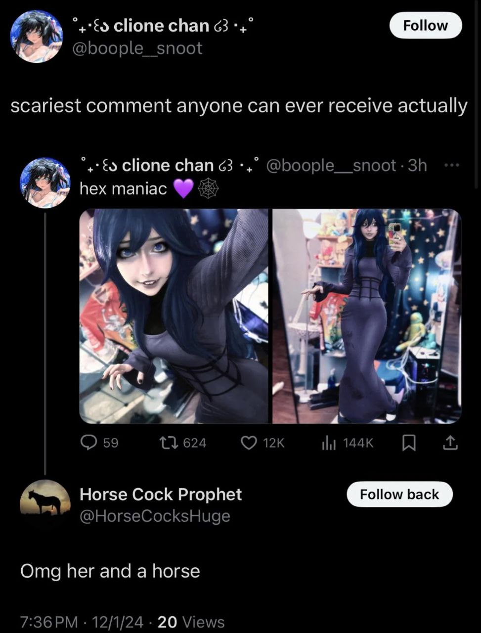 Она и лошадь Комментарий «Omg her and a horse» под фотографиями девушки-косплеера Hex Maniac.