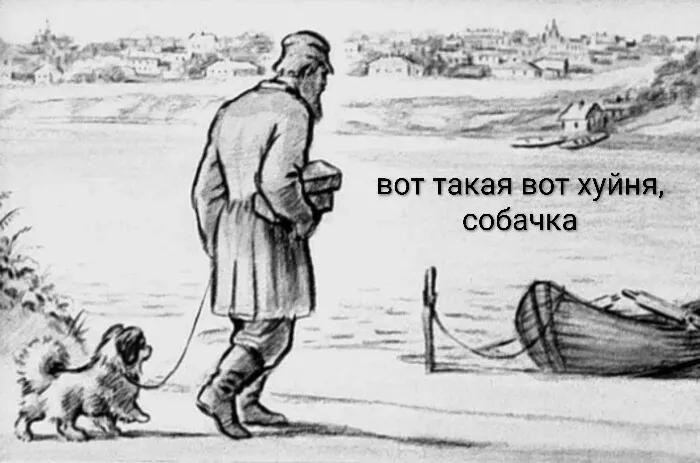 Мужчина гуляет с собакой по берегу, сопровождая странную сцену фразой «Вот такая вот хуйня, собачка».