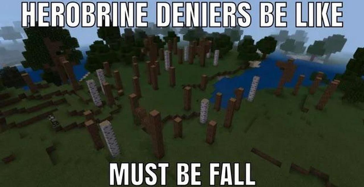 Отрицатели Херобрина Мем с отрицателями Херобрина и вырубленным лесом в Minecraft.