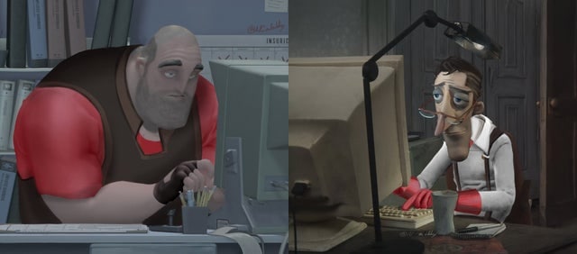 Хэви и Доктор Зомби за компьютерами Два персонажа, Хэви из Team Fortress 2 и Доктор Зомби из игры "The Secret of Monkey Island", сидят за старыми компьютерами с ЭЛТ-мониторами в офисной обстановке, демонстрируя усталость или скуку.