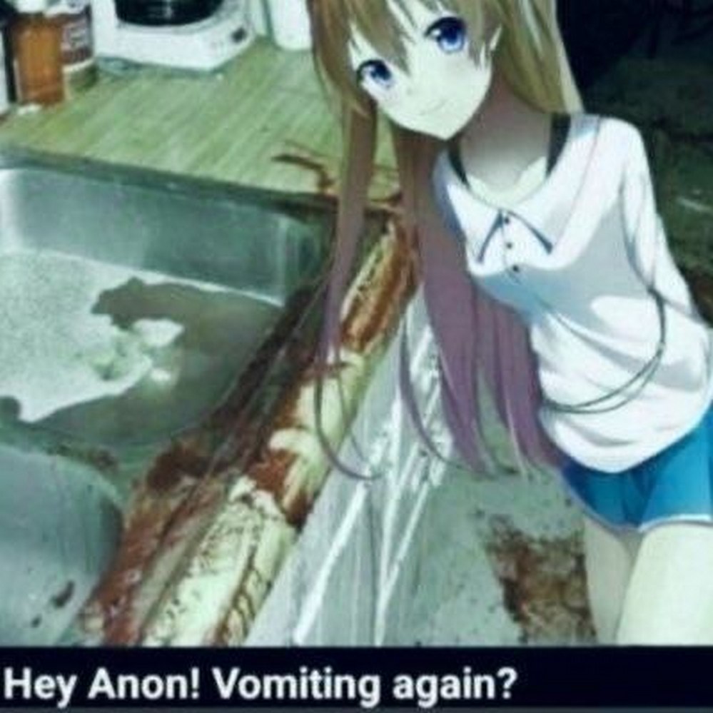 Hey Anon! Vomiting again? Милая девушка-аниме стоит на грязной кухне и спрашивает "Hey Anon! Vomiting again?".