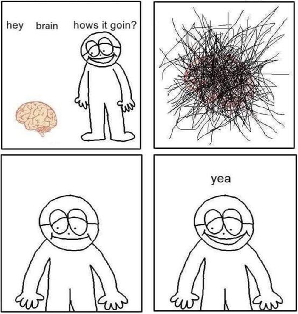 Hey brain hows it goin Мем, где человек спрашивает свой мозг «Как дела?», а мозг отвечает хаосом из спутанных линий, затем человек говорит «Ага» с улыбкой.