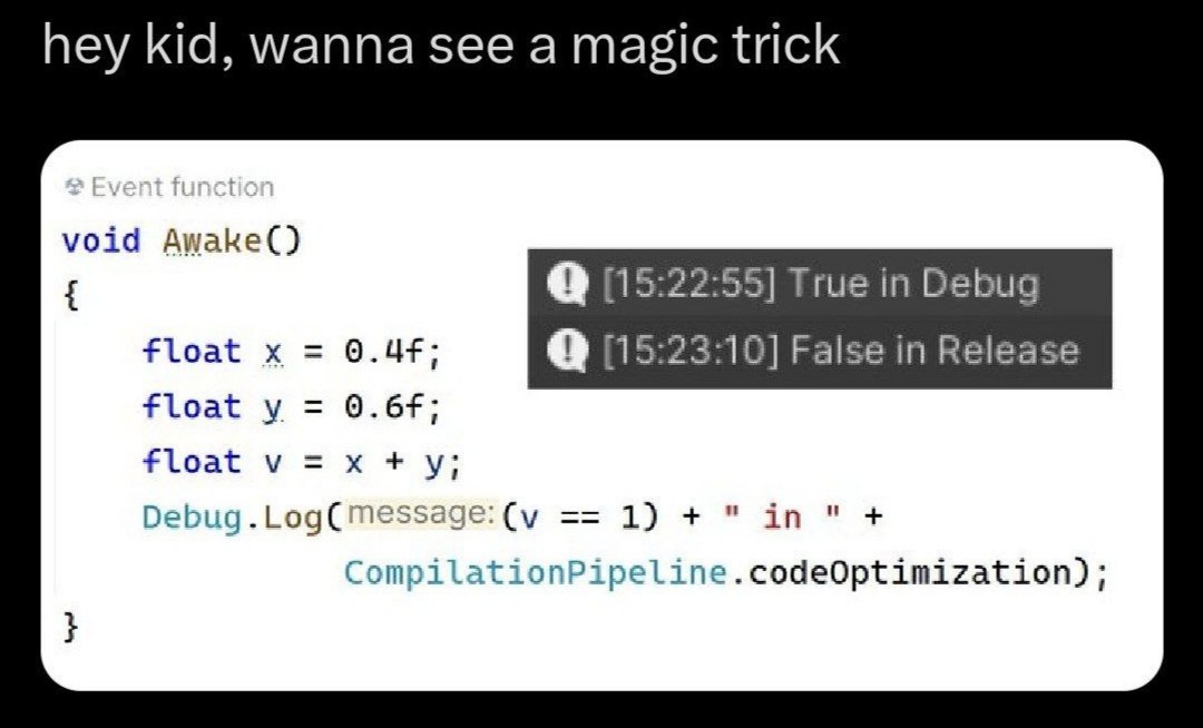 Hey kid, wanna see a magic trick Мем про ошибку округления чисел с плавающей запятой и оптимизацию компилятора