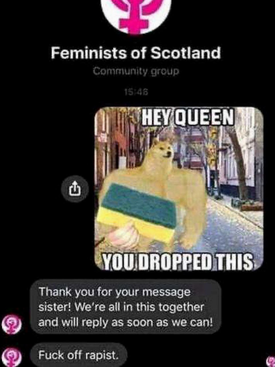 Hey queen, you dropped this feminists of Scotland Мем, где сильный Дог с губкой в руках обращается к «королеве» со словами «ты это уронила», в диалоге с группой «Феминистки Шотландии».