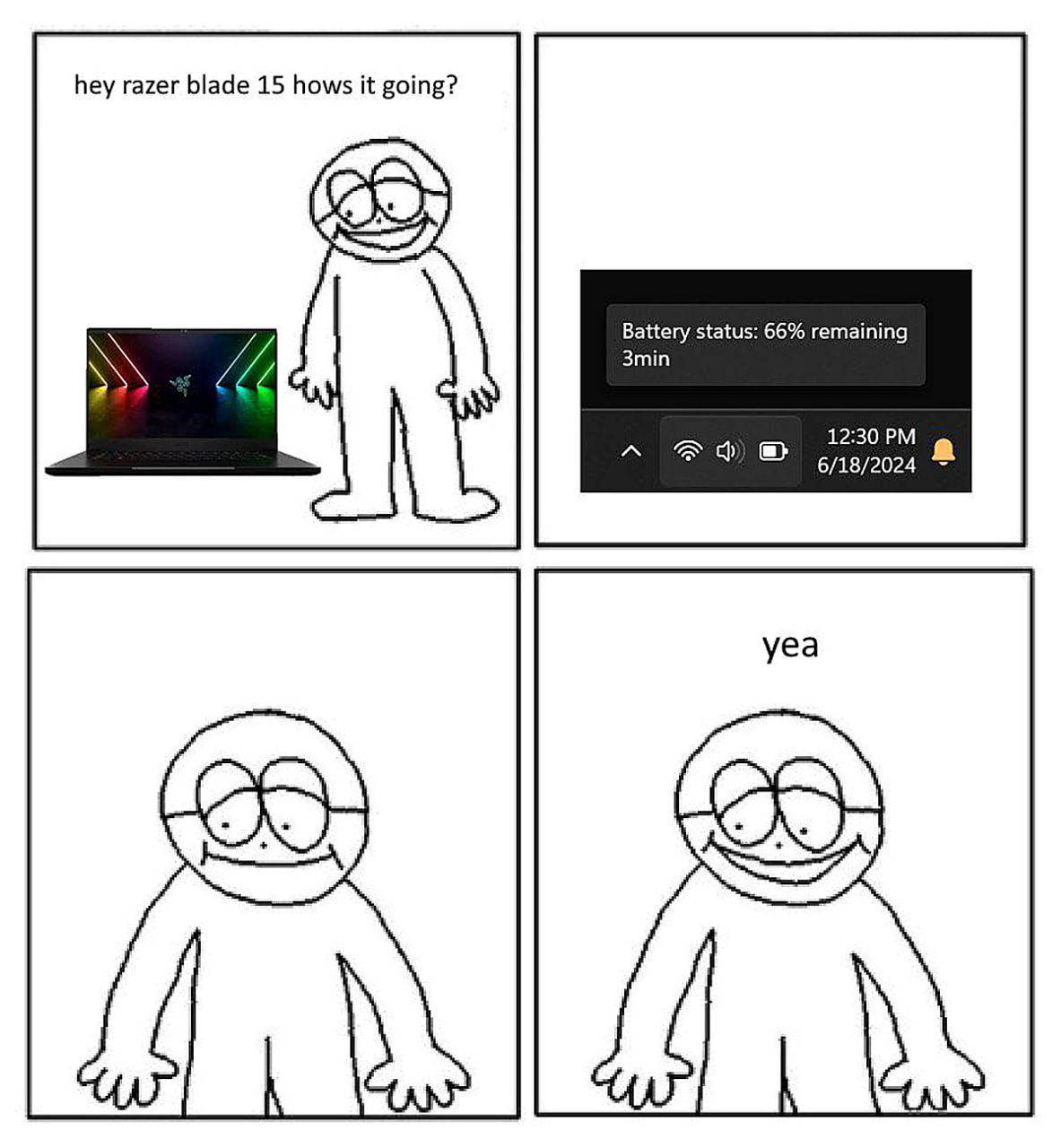Hey Razer Blade 15 hows it going Мем про то, как быстро разряжается ноутбук Razer Blade 15