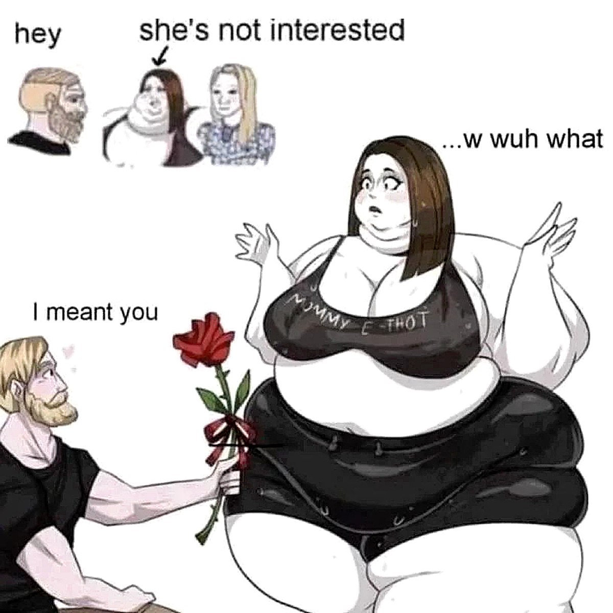 Hey she's not interested, I meant you Мем, где мужчина предлагает розу пышнотелой женщине в коротких шортах, и она шокирована.