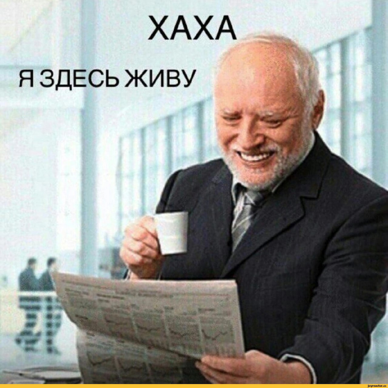 Скрывающий боль Гарольд "Хаха, я здесь живу" Гарольд, скрывающий боль, держит чашку и газету, смеясь со словами "Хаха, я здесь живу"